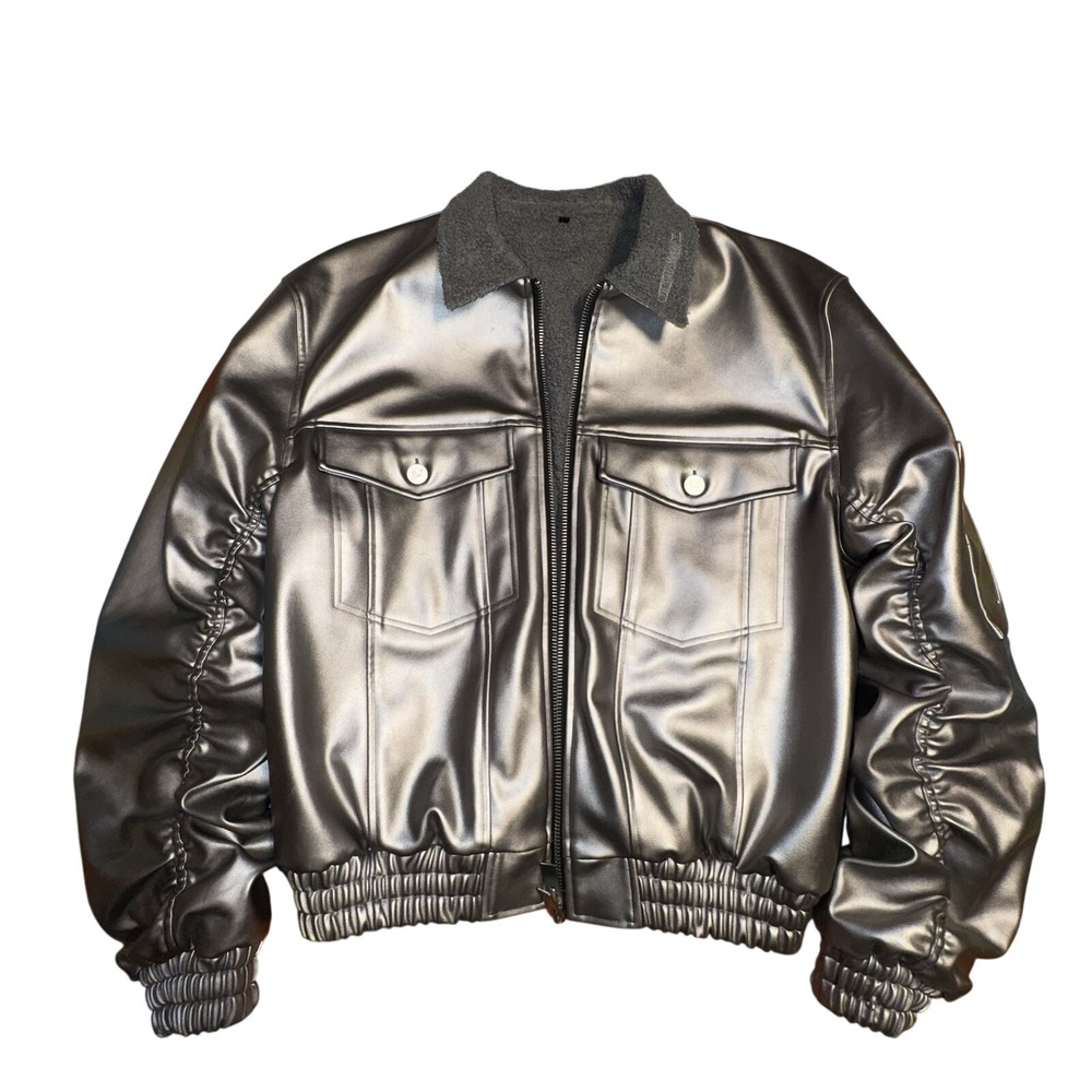 Diet Starts Monday Metallic Silver Leather Sample Bomber Jacket Mens Large DSM